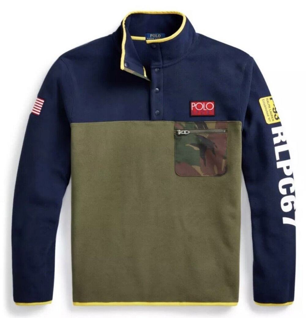 Polo Ralph Lauren Mens M Fleece Pullover Jacket RL67 USA Flag Mock Neck Hi Tech